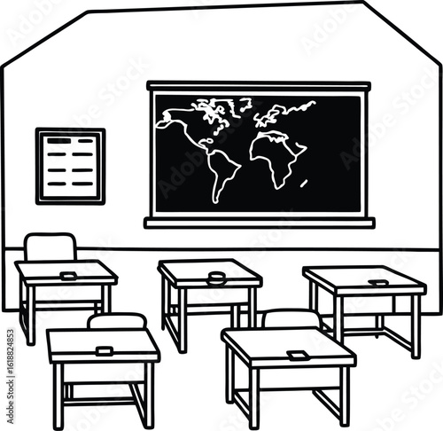 classroom with student desks blackboard and map 2