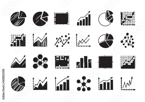 Hand drawn black and white business charts and graph icons representing data visualization and analytical reporting