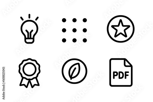 Minimalist icon set featuring light bulb, star, certificate, leaf, and pdf symbol