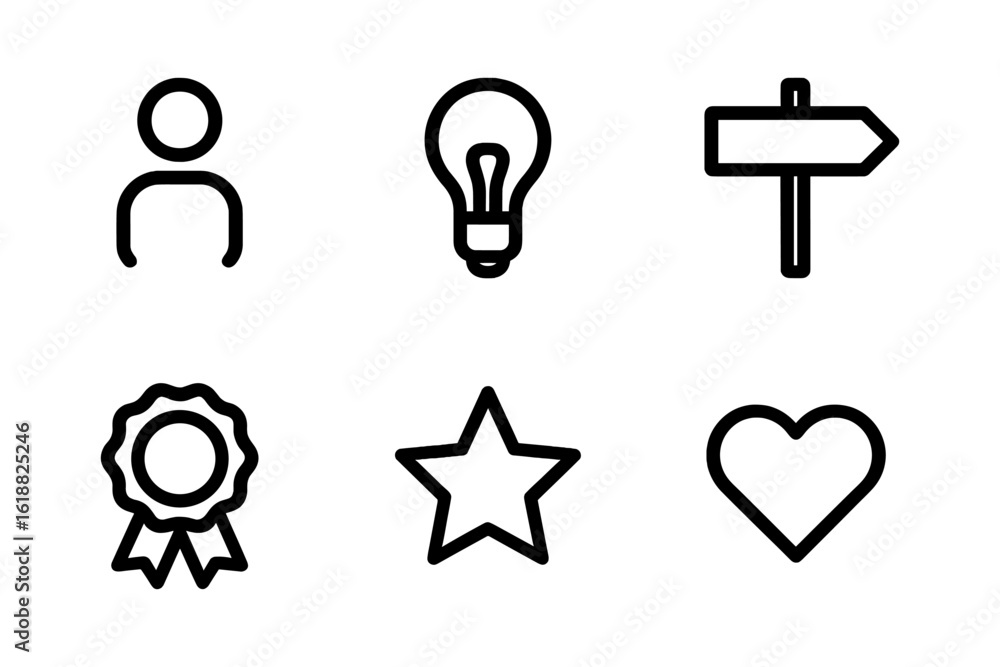 Minimalist icon set featuring person, lightbulb, and heart symbols Minimalist icon set featuring person, lightbulb, and heart symbols