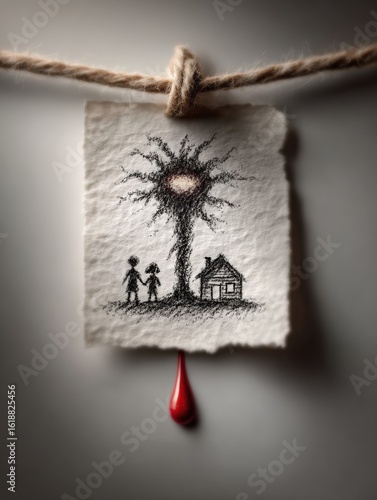 Emotional Art Displaying Family Bond with Tree and House Illustration