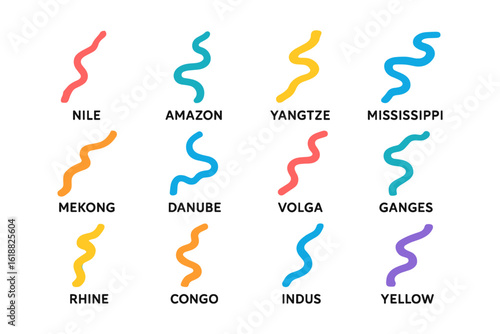 Colorful representation of world rivers infographic with wavy lines