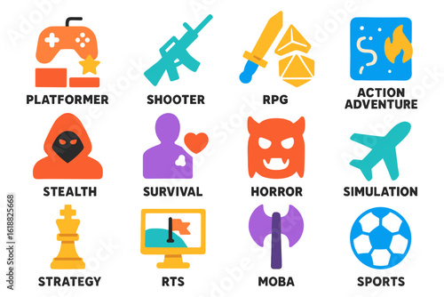 Colorful game genres icons: platformer, shooter, rpg, adventure, and more