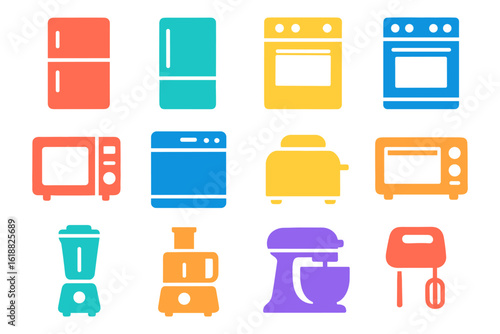 Colorful kitchen appliance icons set featuring modern silhouette designs in bold shades