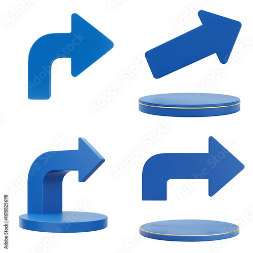 Blue arrow. Blue direction arrows and circular bases in minimalistic style. Isolated set on transparent background   