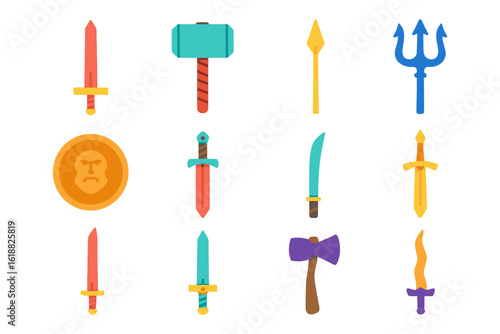Colorful collection of fantasy weapons in flat design