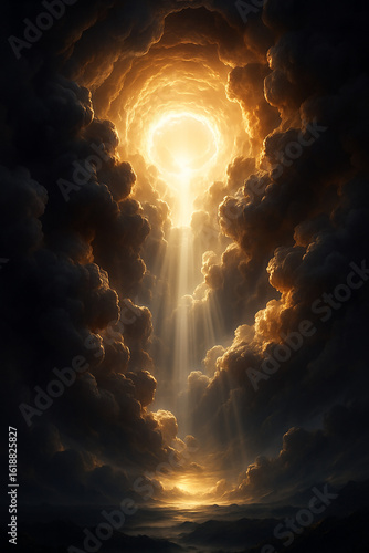 Ultra-realistic 3D render of golden sunlight piercing apocalyptic storm clouds, revealing a radiant sky portal above a misty, mountainous horizon.