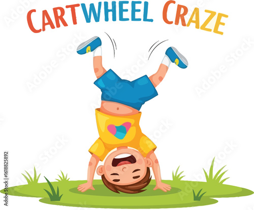 Happy Boy Doing a Cartwheel, Cartoon Character Having Fun, Child Enjoying Gymnastics