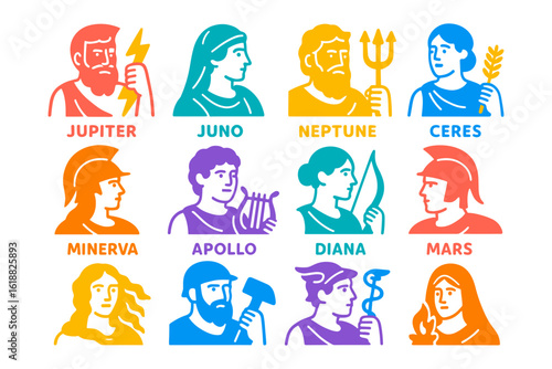 Colorful roman deities in modern flat design: mythological symbols and characters