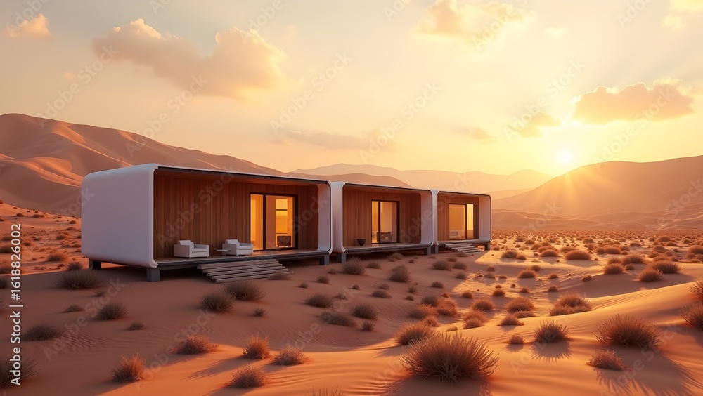 Obraz premium Modular Smart Home Cluster in Desert Landscape at Sunset