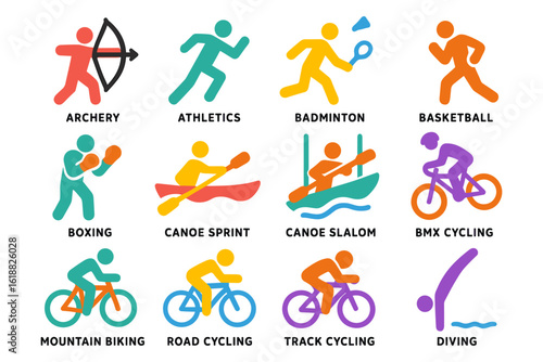 Colorful icons depict various sports activities in flat design style