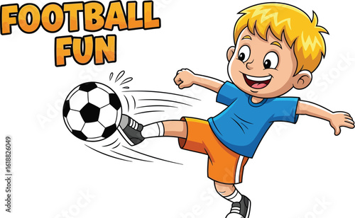 Energetic Boy Kicking a Soccer Ball with Football Fun Text, Cartoon Illustration of a Child Playing Soccer, Expressing Joy and Activity