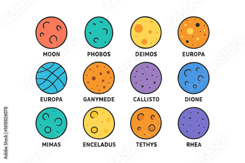 Colorful planetary icons featuring moons and satellites of the solar system