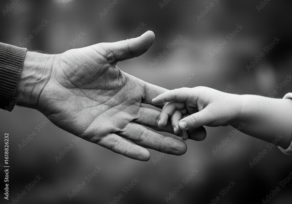 Fototapeta premium A parents hand reaches out to a childs hand in a touching black and white image