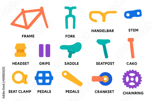 Colorful bicycle parts icons: frame, fork, handlebars, saddle, pedals, and more