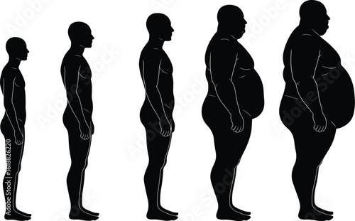 Human body mass index (BMI) progression, illustrating healthy, overweight, and obese stages, a visual representation of weight gain and health transformation for medical and educational purposes.