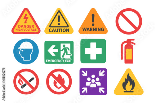 Collection of safety sign icons: caution, warning, emergency exit, fire safety