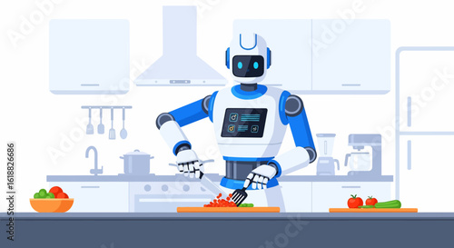 Futuristic Robot Chef Preparing Food in a Modern Kitchen Setting