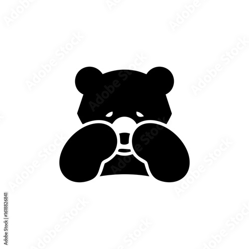 Shy Bear Mascot Silhouette Vector Logo - Timid Character Hiding Behind Paws Gesture