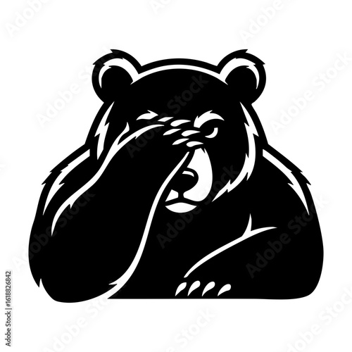 Shy Bear Mascot Silhouette Vector Logo - Timid Character Hiding Behind Paws Gesture