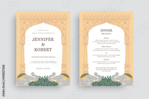 Indian Wedding Invitation with Mughal Arch, Floral Motifs, and Decorated Elephants
