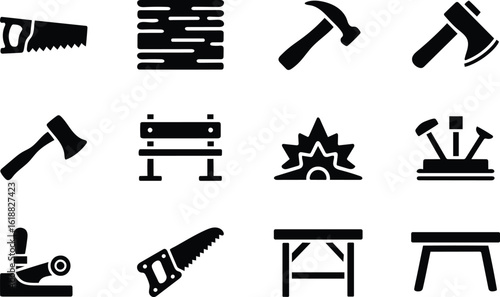 Black and white carpentry tools icon set: saws, hammers, axes, workbench, and more.