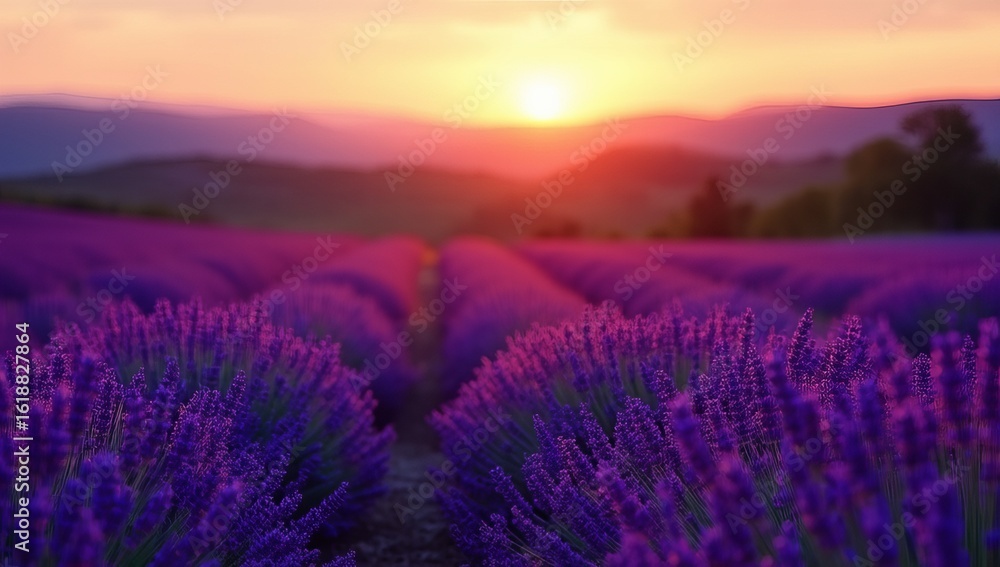 lavender field with purple flowers under warm sunset sky lavender field with purple flowers under warm sunset sky