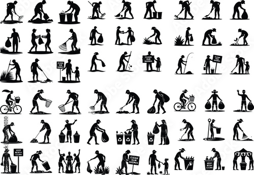 Person Cleaning Beach Silhouette Icon Set Beach Cleanup Volunteer Vector Silhouette Collection