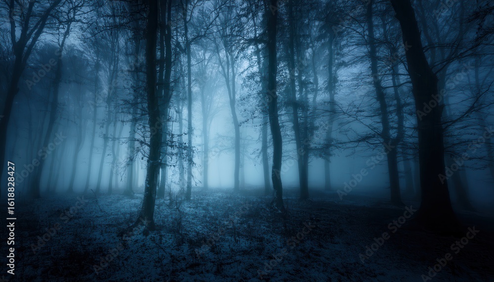 Naklejka premium haunting blue forest with bare trees in eerie night fog perfect for horror cover or halloween background