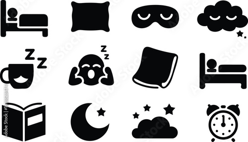 Simple Black Glyph Icons: Sleep, Dreams, Rest, Relaxation, Bedtime Routine, Insomnia,  Nighttime