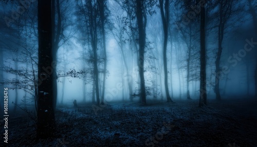 Fototapeta Naklejka Na Ścianę i Meble -  haunting blue forest with bare trees in eerie night fog perfect for horror cover or halloween background

