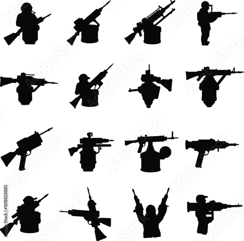 A comprehensive collection of military and army firearms, including machine guns, assault rifles, and other combat weapons, presented as detailed vector silhouettes for graphic projects.