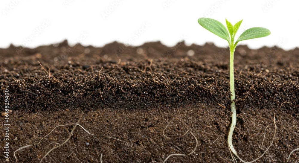 Fototapeta premium Sprout emerging from soil, showing roots, new life, nature, and growth on white background.