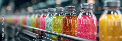Colorful beverage bottles line the production conveyor belt in a busy factory during the afternoon