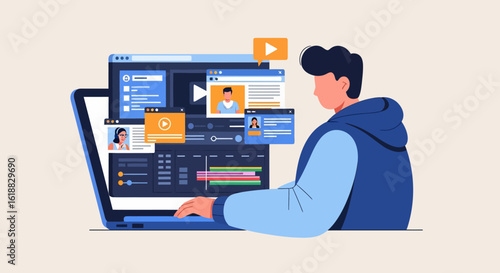 Man editing video on laptop with multiple windows and timeline interface