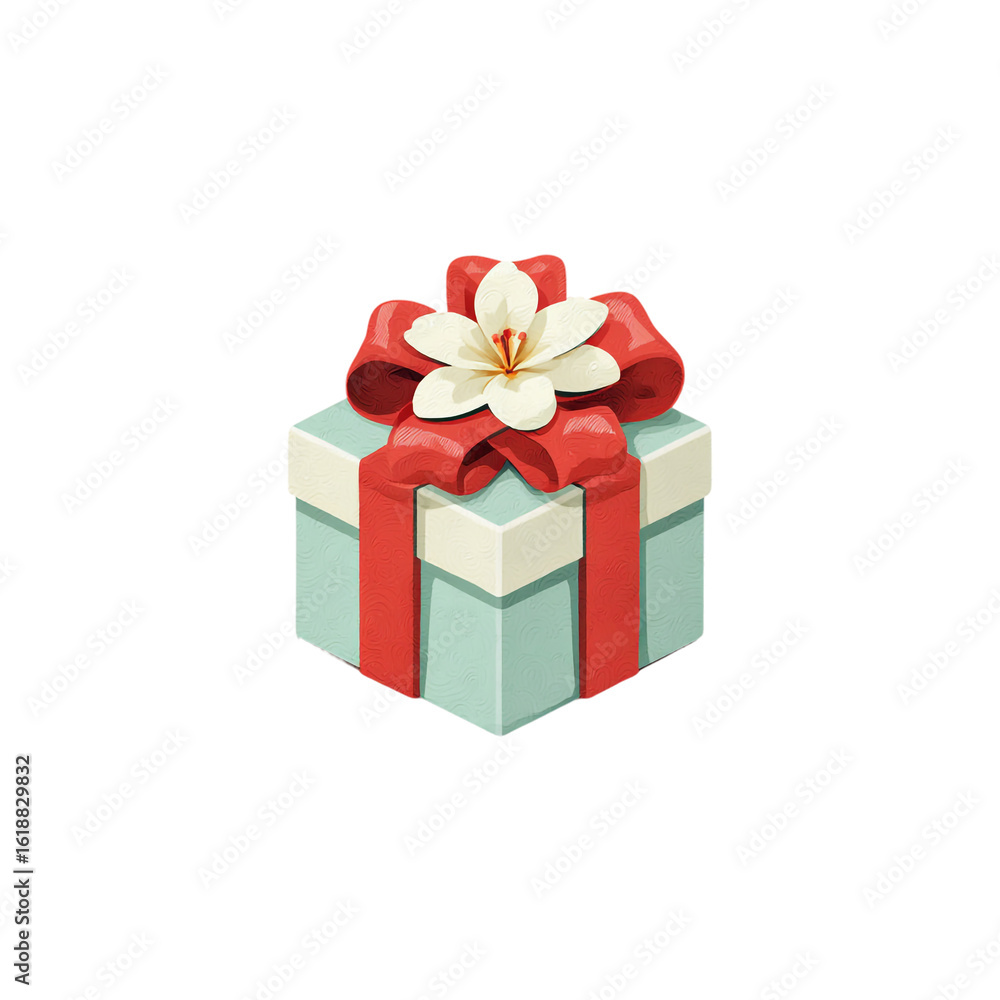 Fototapeta premium 3D cartoon gift box with red ribbon and flower on top, flat design for sticker, soft color palette.png isolated on transparent background