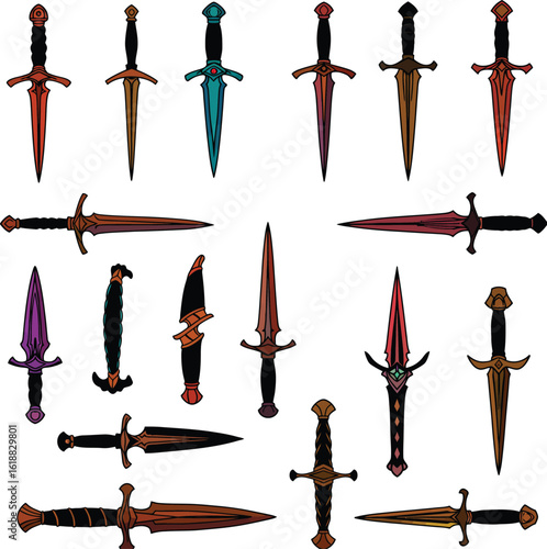 Set of colorful ornate fantasy daggers and small swords vector illustration on white background, perfect for game art, medieval themes, or decorative designs.
