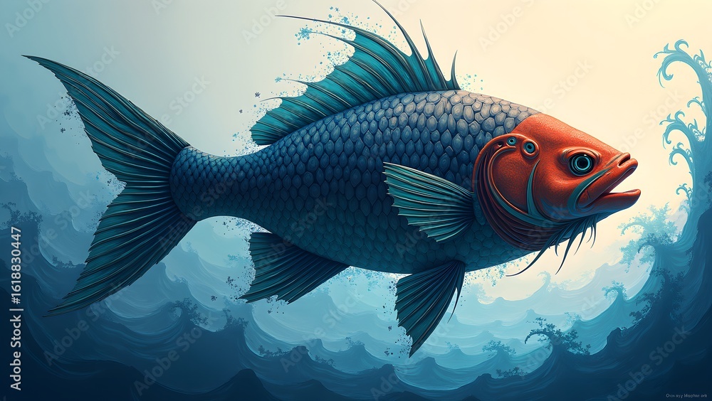 Naklejka premium Abstract Fish Silhouette Design with Ocean Wave Pattern