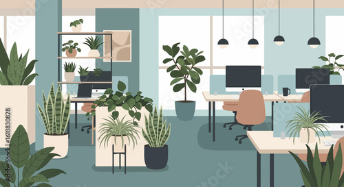 Modern Office Interior with Lush Greenery and Minimalist Design Elements
