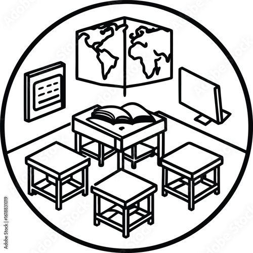 classroom with student desks map and open books