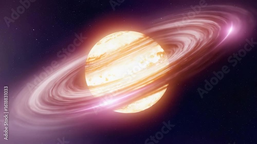 Dazzling gas giant planet with swirling pink and orange rings illuminates the vastness of space, hinting at cosmic wonders and celestial exploration.