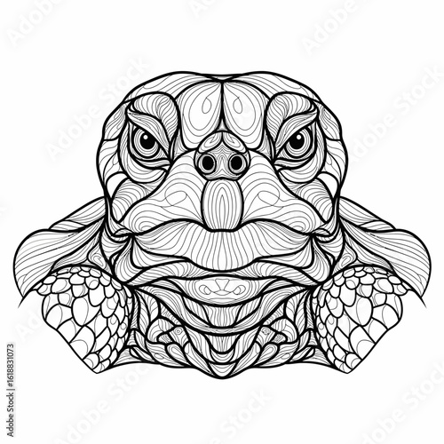Intricate line art portrait of a turtle's head and neck, showcasing detailed shell patterns and intense gaze.