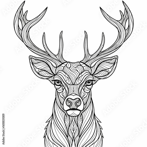 Intricate line art portrait of a majestic deer's head, showcasing detailed antlers and textured fur.