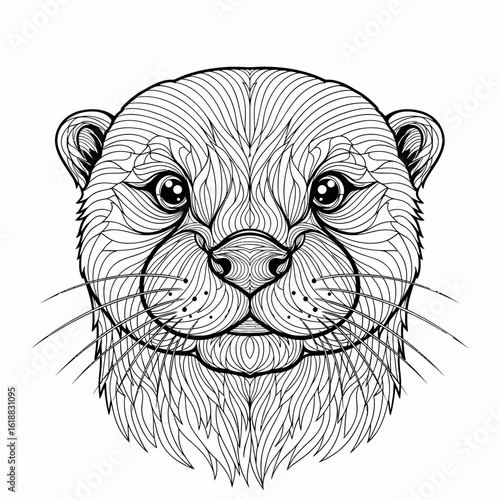 Detailed black and white illustration of an otter's head, facing forward.