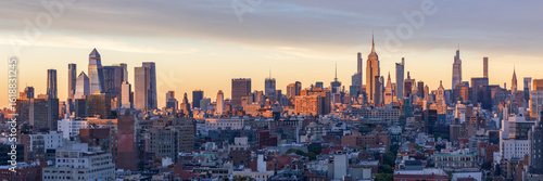 Manhattan skyline panorama at sunset, New York City, USA