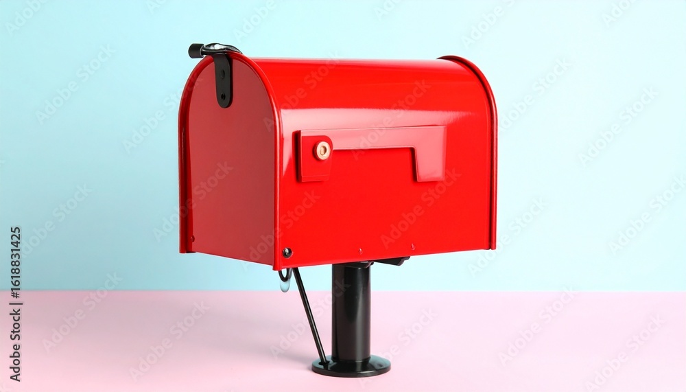 Red mailbox with curved top on a black post, set against a pastel blue and pink background—playful, bold, and graphic. Red mailbox with curved top on a black post, set against a pastel blue and pink background—playful, bold, and graphic.