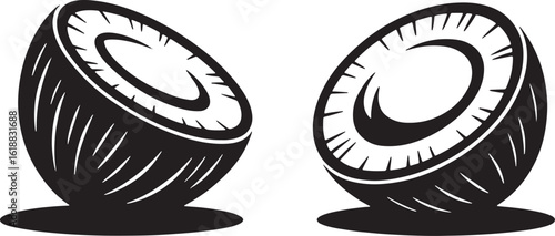 Stylized Vector Illustration of Tropical Coconut Halves, a Fresh and Organic Fruit Design