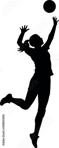 Volleyball player silhouette jumping to spike ball