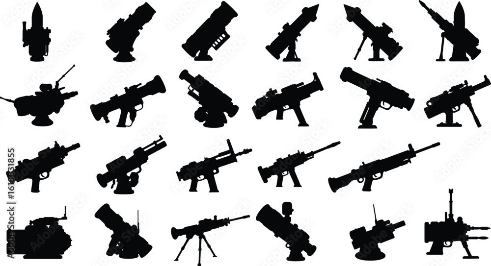 Φωτογραφία Vector silhouette set of military heavy weapons and launchers, including machine guns, rocket launchers, and mounted firearms