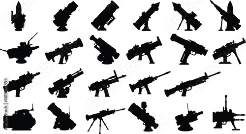 Vector silhouette set of military heavy weapons and launchers, including machine guns, rocket launchers, and mounted firearms. Ideal for tactical, army, and gaming design projects.